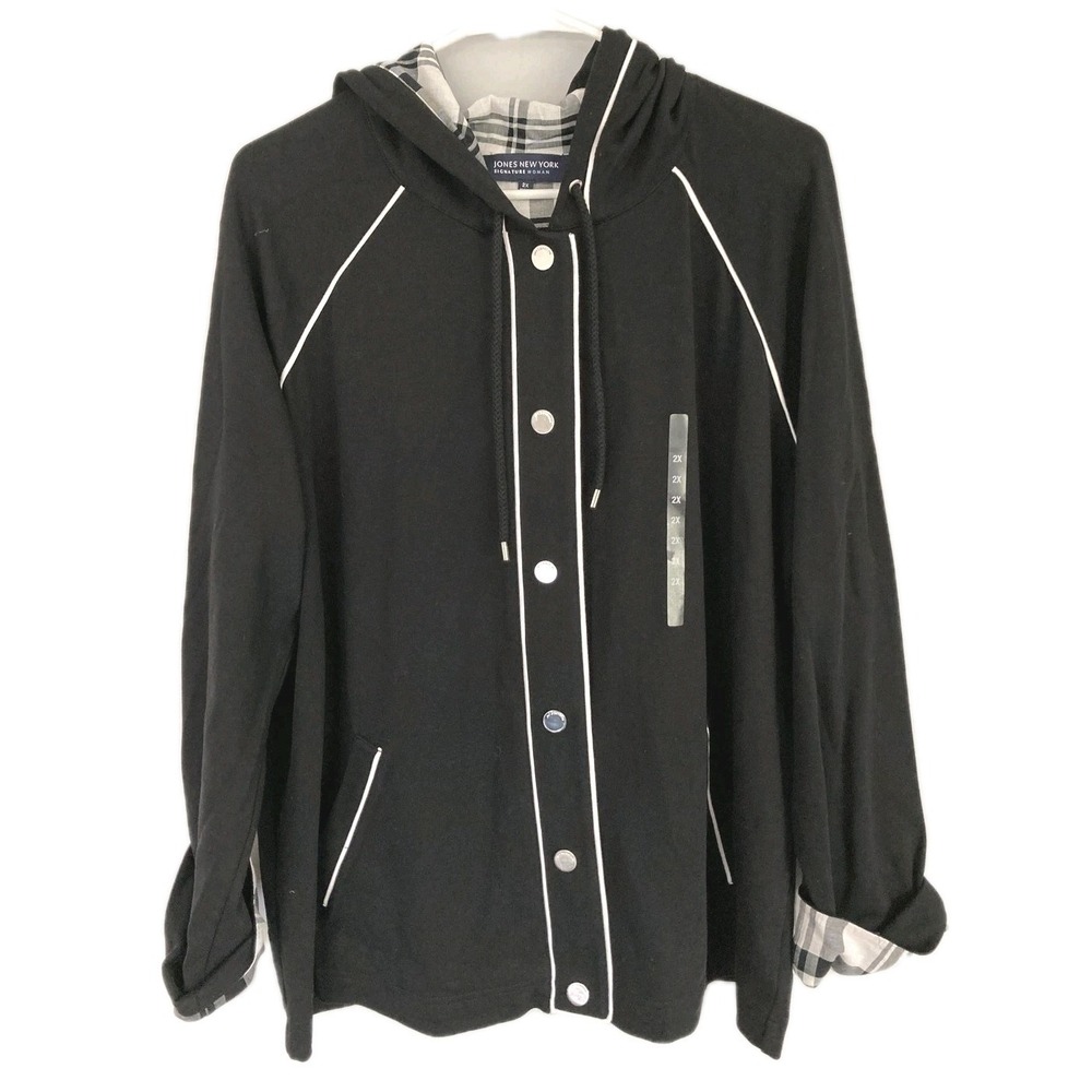 Jones New York Jacket Women 2X Black Hooded Knit Snap Front Plaid Lined/Cuff NWT